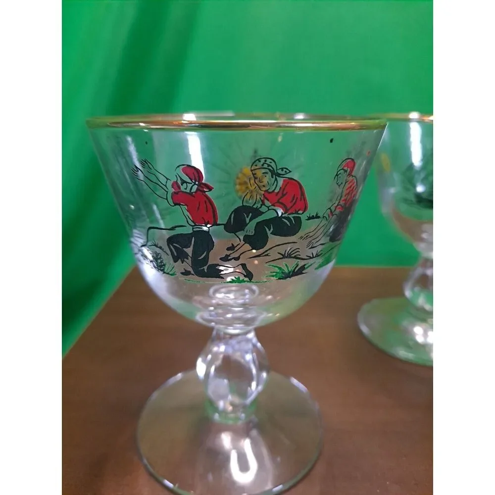 Vintage Libbey /Set of 5 /Treasure‎ Island Pirates /8 oz. Gold Rim Bar  Glasses